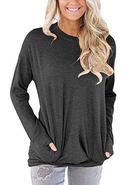 CadeVic Women's Casual Long Sleeve With Pocket Round Neck Sweatshirts Loose Blouses T Shirts Tops