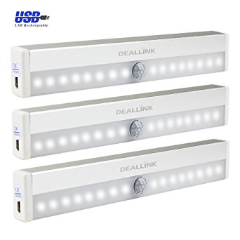 [3 Pack] Deallink USB Rechargeable Closet Light with 16 LED, Night Light Strip with PIR Motion Sensor and Magnetic Bar / For Closet, Cupboard, Cabinet, Drawer