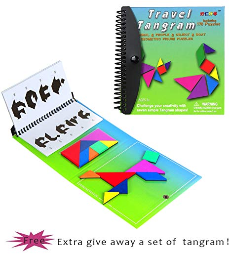 USATDD Tangram Game Travel Games Magnetic Puzzle and Questions Build Animals People Objects with 7 Simple Magnetic Colorful Shapes Kid Adult Challenge IQ Educational 【2 Set of Tangrams】