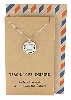 Quan Jewelry Teacher Gifts, Apple Jewelry with Teach. Love. Inspire. Engraving on Pendant, Gift Envelope, Silver Tone, 16'-18"