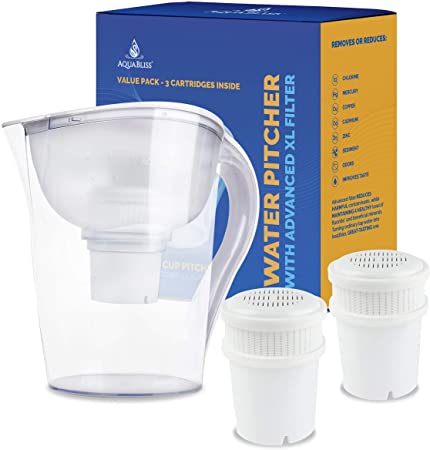 AquaBliss 10-Cup Water Filter Pitcher w/ 3 Long Lasting Advanced XL Water Purification Filter – Filtered Water Pitcher Targets Harmful Contaminants Chlorine Metals & Sediments for Clean Tasting Water