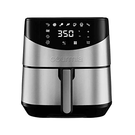 Gourmia Digital Stainless Steel 6 Qt/5.7L Digital Air Fryer With AeroCrispTM Technology for up to 80% less fat.includes Non-Stick Basket, Multi-Purpose Rack & 4 Skewers