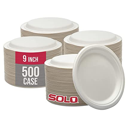 SOLO Bare Eco-Forward 9 Inch Plant-Based Sugarcane Fiber Round Plate, (4 Packs of 125, 500 Plates Total), Solo Cup Company Eco-Friendly Disposable Paper Plates Alternative