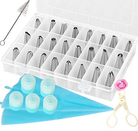 33-Piece Cake Decorating Kit Tips Stainless Steel Icing Tip Set Tools with 2 Silicone Pastry Bags 5 Reusable Couplers 1 Flower Lifter 1 Cleaning Brush for Cakes Cupcakes Cookies Pastry