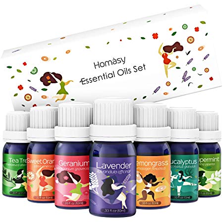 Homasy【Upgraded Version】100% Natural Essential Oils 7 Packs 10ml -Therapeutic Grade Aromatherapy Secented Oil Gift Set -Peppermint, Geranium, Sweet Orange, Eucalyptus, Tea Tree, Lavender and Lemongrass