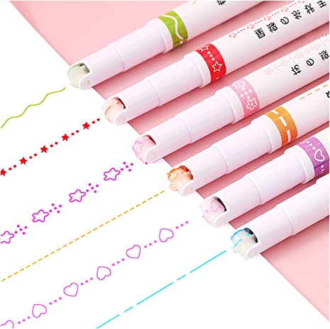DBlosp Curve Highlighter Pen Set, Pens with 6 Different Curve Shapes Fine Tips, Colored Curve Pens, for Adult Teenage Kids Coloring Books Writing Journaling Drawing Scrapbook Art Office (6 PCS)