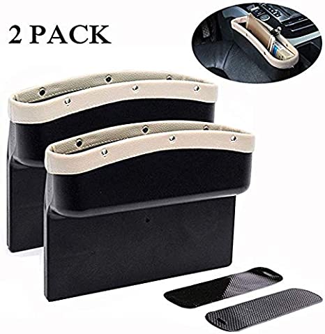 Car Seat Pockets PU Leather Car Console Side Organizer Seat Crevice Slit Pockets for Cellphone Wallet Coin Key with Non-Slip Mat Works on Every Car (2 Pack) (Beige)