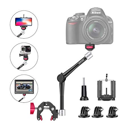 Neewer 11-Inch Adjustable Articulating Friction Magic Arm, DSLR/Mirrorless/Action Camera/Smartphone/LCD Monitor Video Vlog Rig with Phone Clamp Mount Adapter Kit Compatible with GoPro iPhone Arlo etc