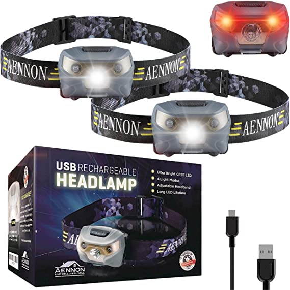 2-Pack USB Rechargeable LED Head Torch - Super Bright, Waterproof, Lightweight & Comfortable - Headlamp Perfect for Running, Walking, Camping, Reading, Hiking, Kids, DIY & More, USB Cable Included