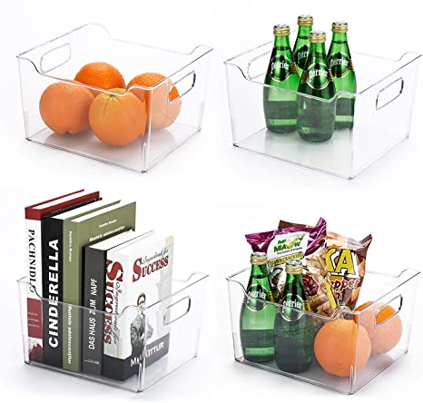 Glotoch Deep Plastic Kitchen Storage Organizer Container Bin with Handles for Pantry, Cabinets, Shelves, Refrigerator, Freezer - BPA Free, 4 Pack - Clear