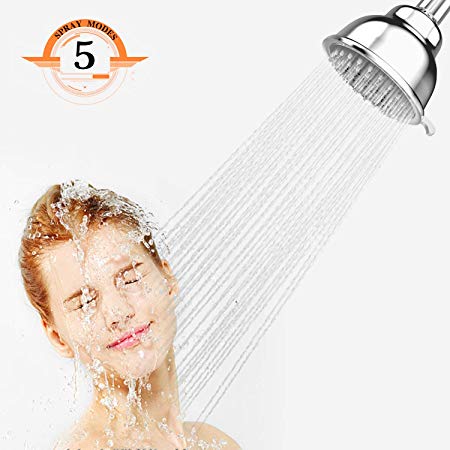 Shower Head - 4 Inch High Pressure Shower Head, 5 Modes with Adjustable Metal Swivel Ball Joint, Tool-Free Universal Replacement for Rainfall Shower Head.