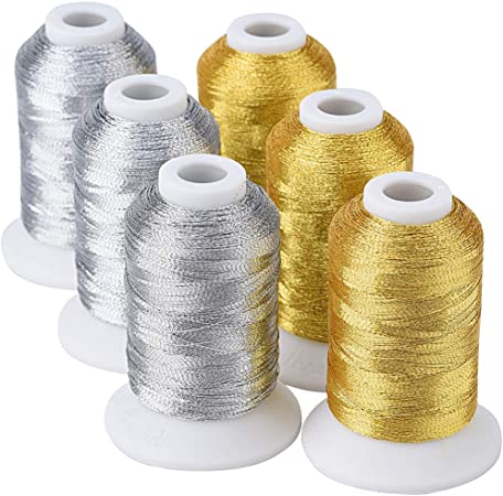 Simthread 6 Spools Metallic Embroidery Machine Thread (3 Gold  3 Silver Colors) 500M(550Y) for Embroidery and Decorative Sewing