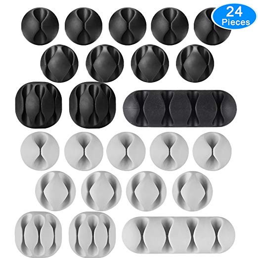 AUSTOR 24 Pieces Cable Clips Adhesive Silicone Cable Holders Desk Cable Management Clips Wire Holder for Cable, Cord and Wire, Black and Grey