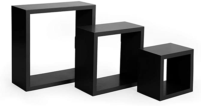EDGEWOOD Parkwood Square Floating Wall Mount Cube Shelves, 3 pc Set (5”, 7”, 9”), Black