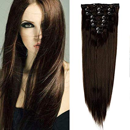 26" Hair Extensions Clip in Synthetic 8 Pieces Straight Full Head Hair Pieces Silky - Dark Brown(Length:66cm,Weight:140g)