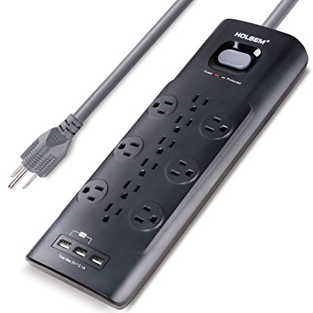 HOLSEM 12 Outlets Surge Protector Power Strip with 3 USB Charging Ports (5V/3.1A) and 6’ Heavy Duty Extension Cord, Black