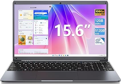 SGIN 15.6" Laptop 12GB RAM 512GB SSD Storage(TF Card 512GB), 1080P FHD Celeron N5095, Full Size Keyboard, PC Notebook with 2xUSB 3.0, Dual Band WiFi, Bluetooth 4.2 (Gray)