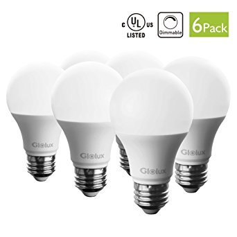 Glolux A19 Dimmable LED Light Bulb, 60 Watt Equivalent, E26 Base Soft White 9 Watt Pack of 6