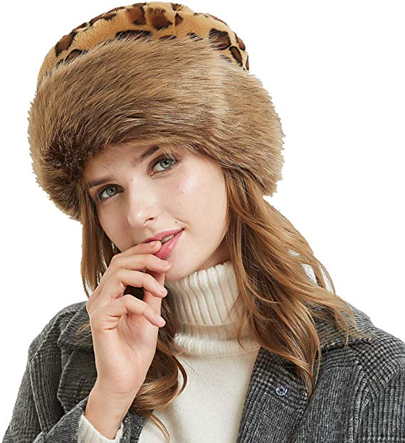 Soul Young Women's Leopard Faux Fur Hat with Fleece and Elastic for Winter