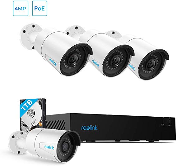 Reolink 4MP 4CH IP Security NVR System, 4 Bullet Outdoor 4MP POE Cameras with a 4-Channel 4MP NVR, 1TB HDD pre-Installed, RLK4-410B4