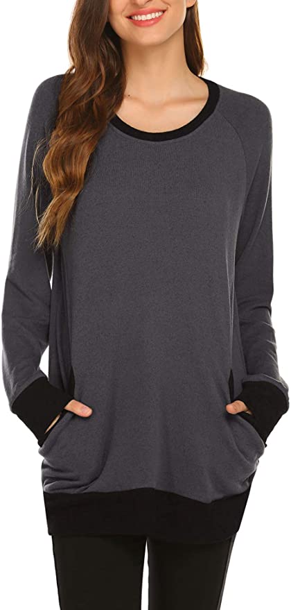 Chigant Womens Casual Sweatshirts with Pockets Long Sleeve Color Block Loose Tunic Tops Lightweight Pullover T Shirts Blouses