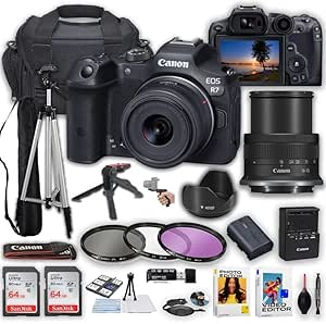 Canon EOS R7 Mirrorless Camera with Canon 18-45mm is STM Lens   2X 64GB Memory Cards   Deluxe Case   Filters   Tripod Kit & More (23pc Bundle) (Renewed)