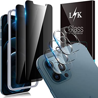 LϟK 5 Pack Privacy Screen Protector Designed for iPhone 12 Pro Max 5G 6.7 inch with 2 Pack Tempered Glass and 3 Pack Camera Lens Protector - 9H Hardness Bubble Free Alignment Frame Protective Film