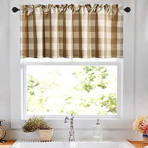 VOGOL Buffalo Check Plaid Cotton Window Valances Beige and White Farmhouse Design Window Treatment Decor Curtains Rod Pocket Valances for Kitchen/Living Room