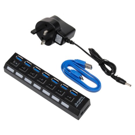 ONCHOICE USB 3.0 7 Port Hub with On/Off Switch included UK AC Power Adapter with Cable For Desktop/Laptop/Notebook / PC / Computer / and More