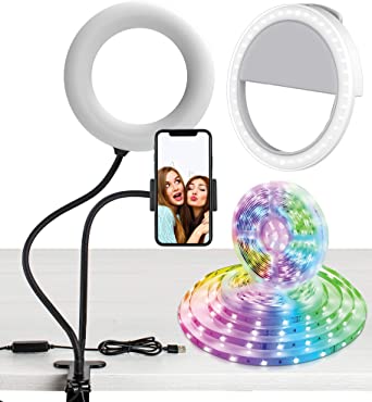 Aduro U-Stream 3-in-1 Ring Light Studio Kit Bundle, Set Includes LED Ring Light with Stand, Clip On Phone Selfie Ring Light & 6ft LED Strip Lights