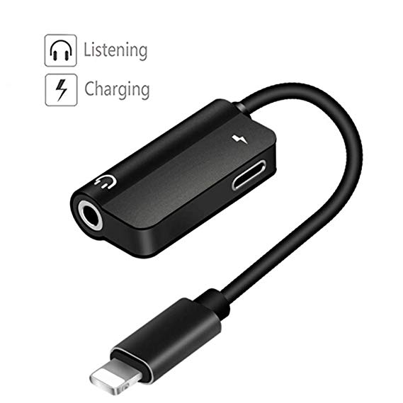 Luvfun Adapter for iPhone Cable, 2 in 1 iPhone Audio Adaptor to 3.5mm Headset (Support Audio Charging) Headphone Adapter for iPhone x/8/8Plus/7/7Plus Aux Cable Adapter-Black