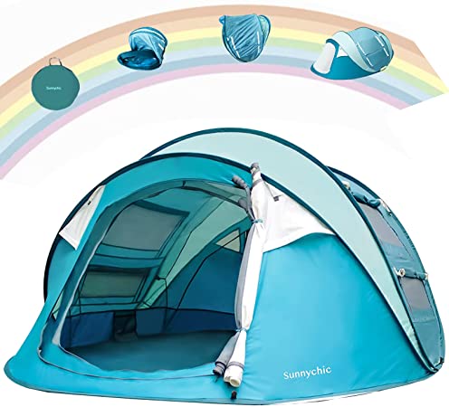 Double Layer 4 Person Easy Pop Up Camping Tent for Friend & Family Travel, Automatic Quick Setup/Waterproof/ 2 Doors & with Mesh, 4 People Instant Pop-up Tents, Beach/Backyard/Outdoor Festivals