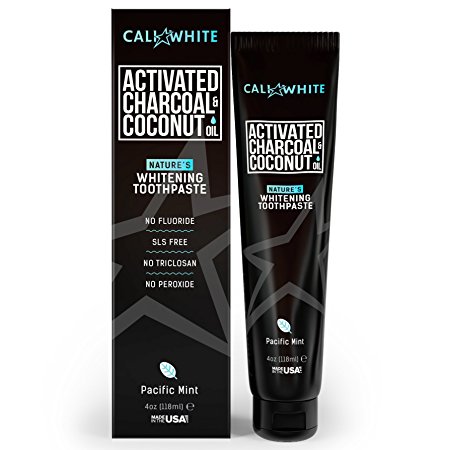 Cali White CHARCOAL & ORGANIC COCONUT OIL TEETH WHITENING TOOTHPASTE, MADE IN USA, Natural, Vegan, Fluoride Free, Sulfate Free & Zero Peroxide for Sensitive Teeth, Safe for Kids, PACIFIC MINT