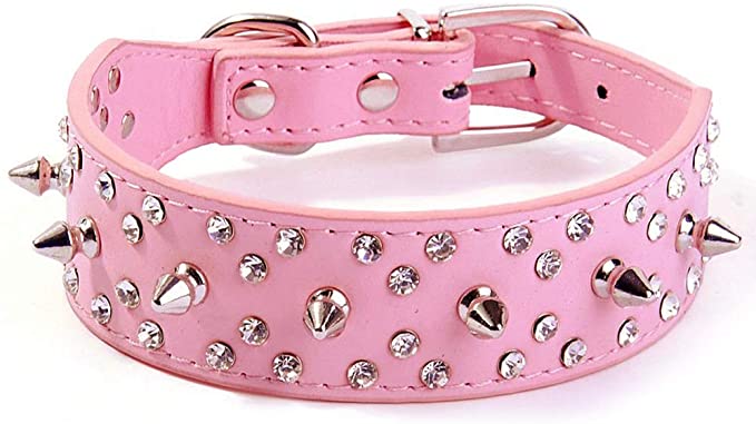 Wellbro Spiked Studded PU Leather Dog Collar, Fashionable and Colorful Dog Training Collar, with Bullet Rivets and Rhinestones, Soft and Adjustable for Medium and Large Pets
