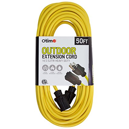 Otimo 50 ft 14/3 Outdoor Heavy Duty Extension Cord - 3 Prong Extension Cord, Yellow