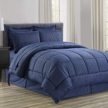 Sweet Home Collection 8 Piece Comforter Set Bag with Embossed Design, Bed Fitted, 1 Flat Sheet, 2 Pillowcases, 2 Shams, King, Vine Navy