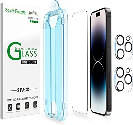 [2 2 Pack] amFilm OneTouch for iPhone 14 Pro Max 6.7" Glass Screen Protector with Camera Lens Protector. Easiest to Installation, Bubble Free, Full Coverage Case Friendly