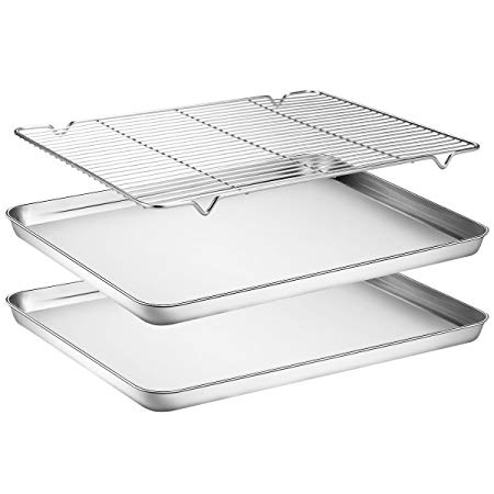 Baking Sheets 2 Pieces with A Rack , HKJ Chef Cookie Sheets and Nonstick Cooling Rack & Stainless Steel Baking Pans & Toaster Oven Tray Pan, Rectangle Size 16 x 12 x 1 inch & Non Toxic
