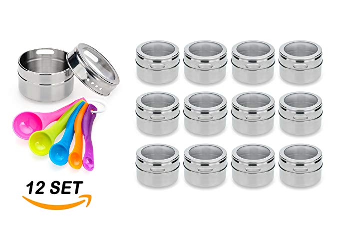 Stainless Steel Magnetic Spice Jars – Bonus Measuring Spoon Set – Airtight Kitchen Storage Containers – Stack on Fridge to Save Counter & Cupboard Space – 12pc Organizers