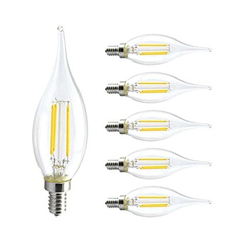 LED Filament 4W Chandelier Candelabra Candle Bulb UL listed Dimmable Clear Flame Tip 40 Watt Equivalent E12 base 350 lumen Warm White 2700K-3000K 120V Candle Bulb 60 Hz 70 CRI COB C32 Lamp 6 pack