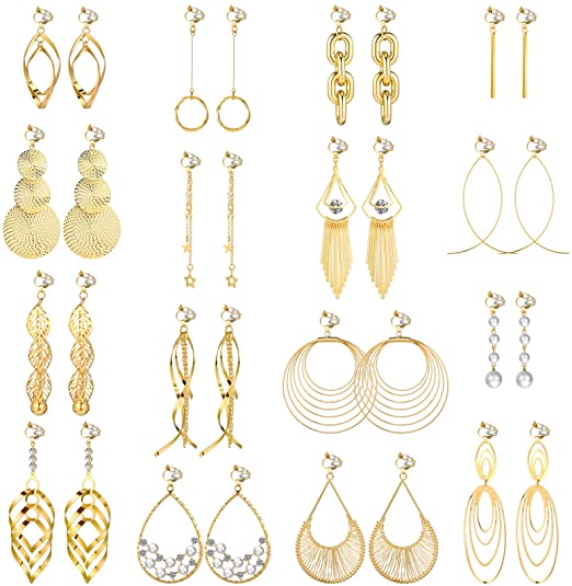 16 Pairs Clip on Drop Dangle Earrings Set Bohemian Tassel Pendant Clip Earrings Gold Plated Ear Clips Non-Piercing Pendant Earrings for Women