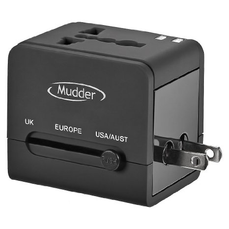 Mudder US UK EU AU Universal All in One International Travel Power Plug Adapter Charger with 2 USB Ports 1A for Cell Phone NO Voltage Conversion