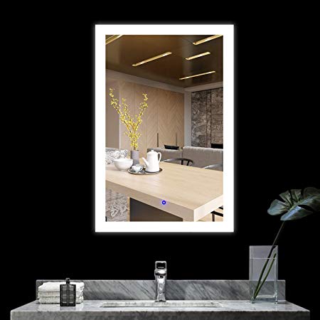 BATH KNOT Bathroom Smart Backlit Lighted Mirror with Defogger and Touch dimming Switch, Very Light White Color Make Up Vanity Mirror, 24 x 36 Inch