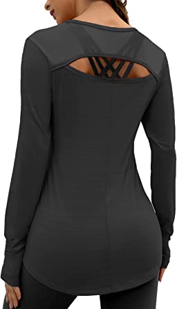 Sanutch Long Sleeve Yoga Top Extra Long Workout Shirts Loose fit Open Back Tops for Women