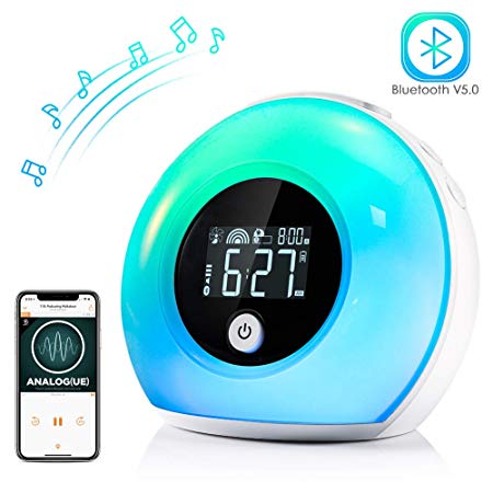 CrazyFire Wake Up Light Alarm Clock for Bedrooms,Kids Alarm Clock with Wireless Bluetooth Speaker and 5 Color Switch,3 Natural Sounds,4 Brightness，2000mAh Rechargeable Battery