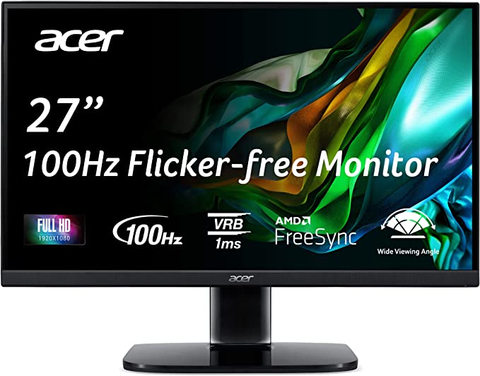 Acer KB272 EBI 27" IPS Full HD (1920 x 1080) Zero-Frame Gaming Office Monitor | AMD FreeSync Technology | Up to 100Hz Refresh | 1ms (VRB) | Low Blue Light | Tilt | HDMI & VGA Ports,Black