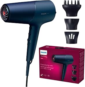 Philips Série 5000 Sèche-cheveux avec technologie ThermoShield, diffuseur de volume et concentrateurs de 9 mm et 11 mm, bleu et métallique (modèle BHD510/20)