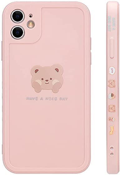 Ownest Compatible with iPhone 11 Case Cute Painted Design Brown Bear with Cheeks for Women Girls Fashion Slim Soft Flexible TPU Rubber for iPhone 11-Pink