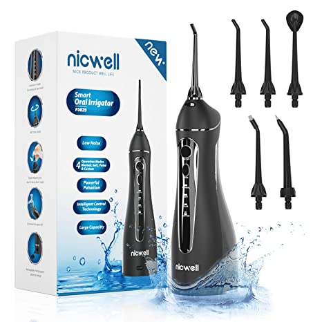 Cordless Water Flosser for Teeth, Nicwell 4 Modes Water Pick Teeth Cleaner, 5 Jet Nozzles, USB Charged for 21-Days Use, IPX7 Waterproof, Teeth Cleaner for Teeth Brace Black