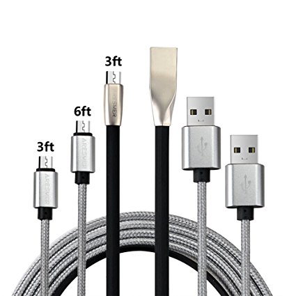 ARESMER Micro USB Cable 3Pack 3FT 3FT 6FT with Two Nylon Braid Wrapped Cables & a Flat Cable for Samsung Galaxy S7/S7 Edge, S6/S6 Edge, Nexus, Android Smartphones and More